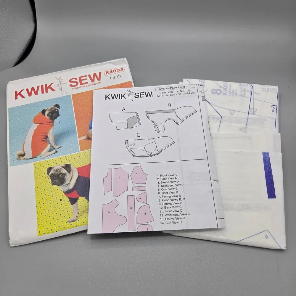 Kwik Sew K4033 Dog Coats Sewing Pattern XS-XL Raglan Hoodie Kerstin Martensson